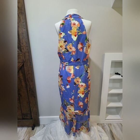 Adrianna Papell Floral Stretch Crepe Halter Dress High-Low Hem NWT Size 14 blue - Picture 4 of 5